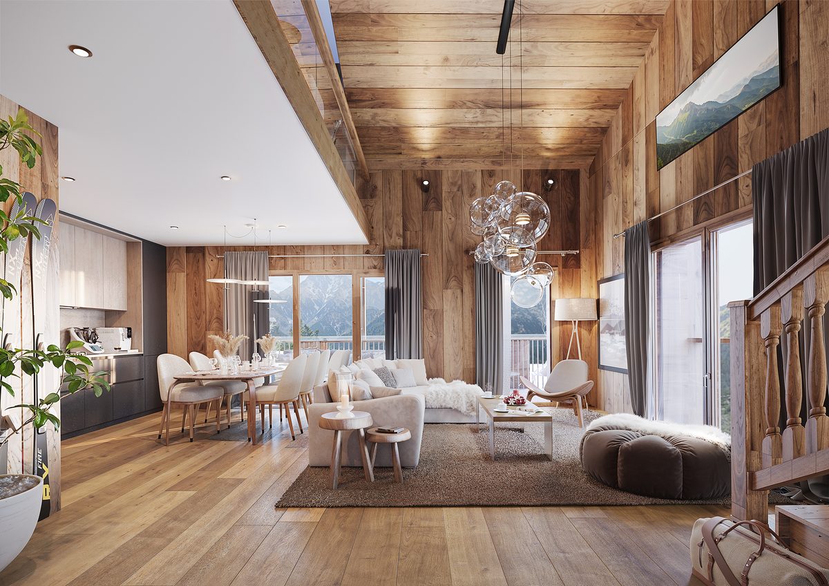 Rendu 3D intérieur chalet de luxe photoréaliste — Emulsyon Studio