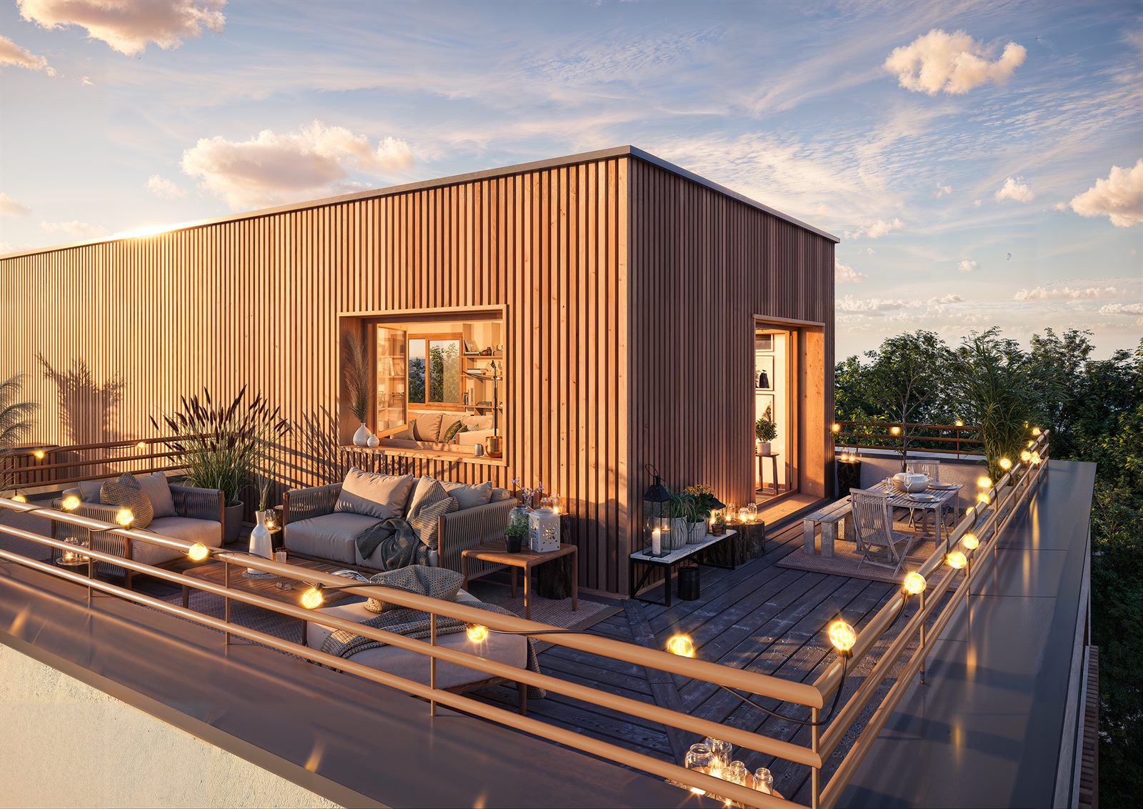 Rendu 3D toit-terrasse au coucher du soleil - perspective exterieure