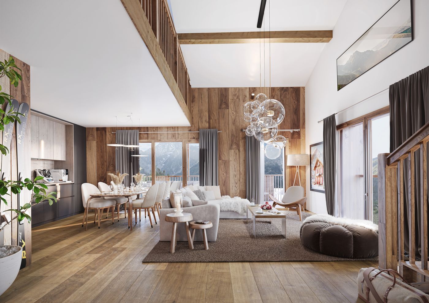 Rendu 3D intérieur chalet — perspective photoréaliste