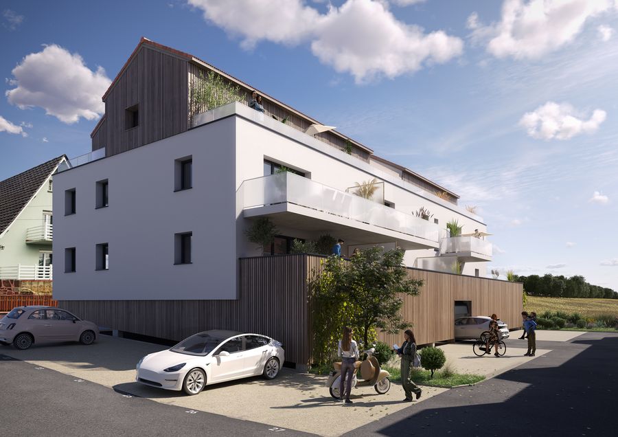 Rendu 3D façade immeuble — perspective extérieure photoréaliste