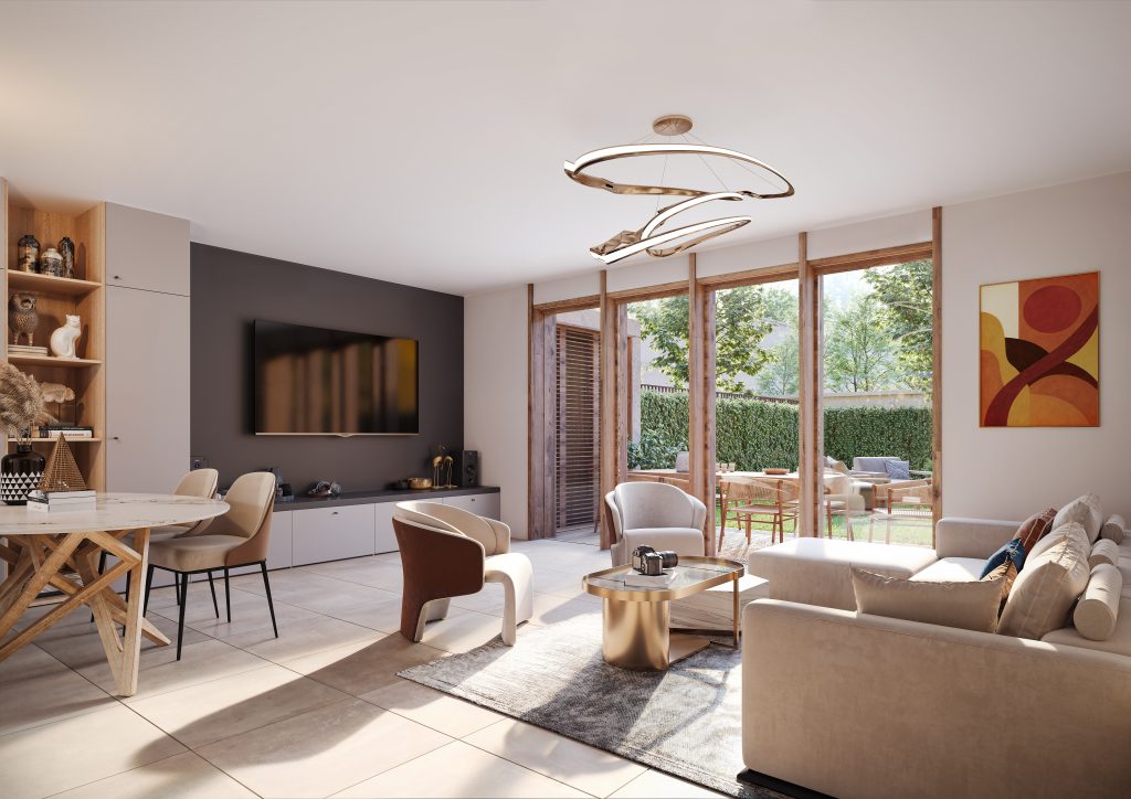 Perspectives 3D intérieures et extérieures, plan 3D, plan masse, vue 3D drone aérienne